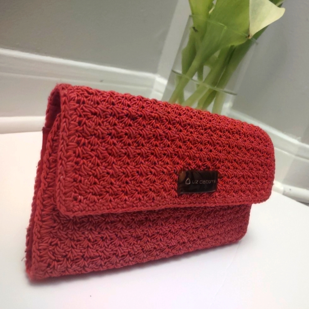 LIZ CLAIBORNE Waller fir women Red Crochet Woven Tri-Fold Plaid Forro EUC